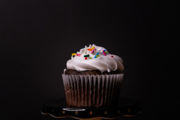 Chocolate cupcake with white icing and colorful sprinkles on a black background
