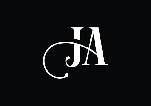 Elegant Monogram JA,  Sophisticated White Script Logo on Black Background, Ideal for Branding and Stationery Design.
