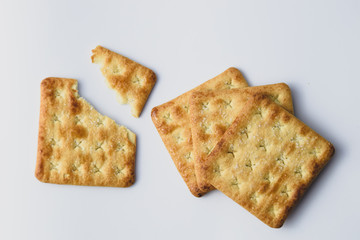 Close up healthy wheat cracker on white background. Cracker biscuit