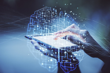 Double exposure of brain sketch hologram and woman holding and using a mobile device.