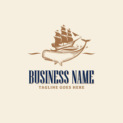 Ship and Whale in Scrimshaw art style vector illustration logo.