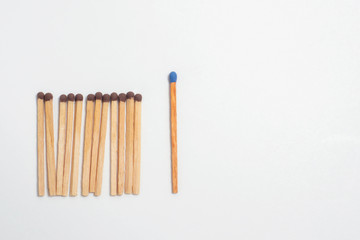 A crowd of twelve brown- headed matches stand in front of a long blue head . A n abstract concept o f individuality , an Apostle, a teacher, a boss, a politician.
