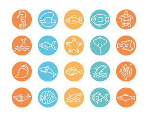 Isolated sea animals line block style icon set vector design