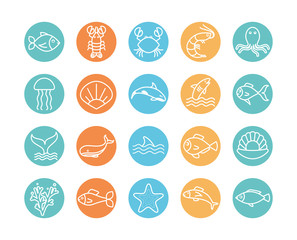 Isolated sea animals line block style icon set vector design