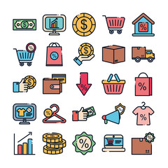 sale and shopping line fill style icon set vector design