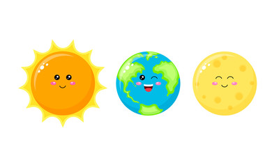 Collection of cute cartoon character. Sun, Earth and Moon. Vector illustration isolated on white background.