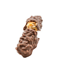 Breaked chocolate bar with caramel crispy wafer on white background.