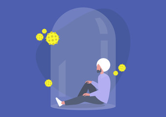 Coronavirus quarantine, young indian male character isolated under the glass dome, decease spreading prevention