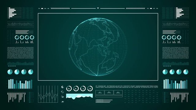 Animation Of User Interface Hud. Globe World Moving On Technological Display Background.