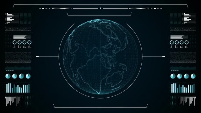 Animation Of User Interface Hud. Globe World Moving On Technological Display Background.