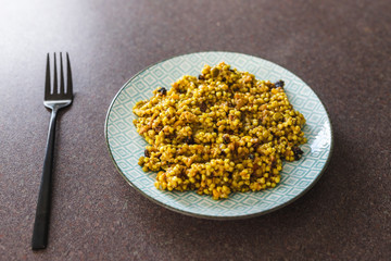 plant-based meals made of non-perishable pantry ingredients, curry buckwheat with mixed veggies