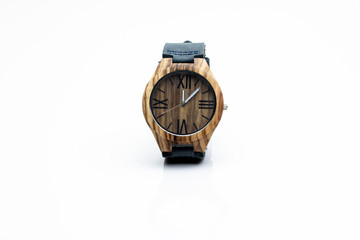 wooden watch with leather wrist, photo product, with white background