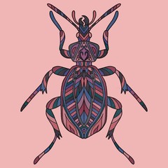 beetle with red and blue ornaments and abstract texture on a light background, illustrations