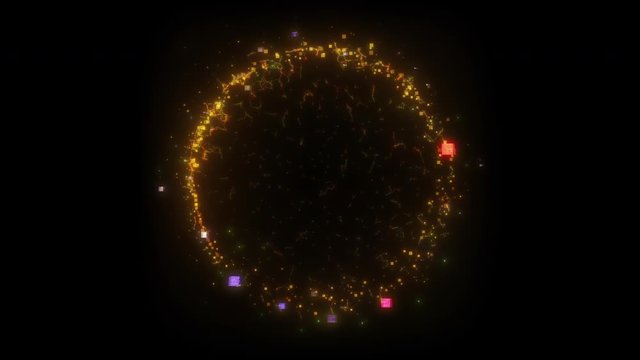 Seamless loop. Animation of a yellow round portal consisting of glitched squares and energy clots isolated on black background with luma matte VFX CG 4k. Space door. Sci-fi. Futuristic. - Powered by Adobe