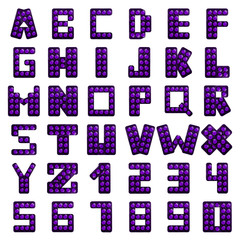 Medicine and education. The English alphabet is laid out from lilac pills on a white isolated background. Square frame