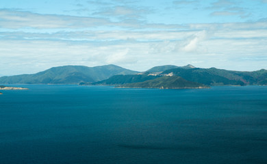 Fototapeta na wymiar Bay of Islands and sea on Queen Charlotte track in Marlborough Sounds New Zealand