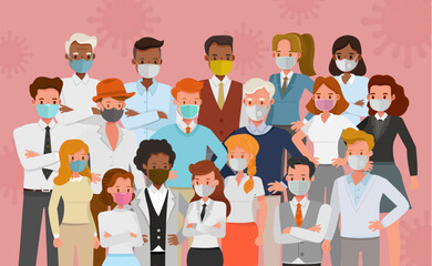 Group of people wear medical mask, virus and pollution protection concept character vector design