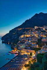 Positano Village along Amalfi Coast in Italy at dusk