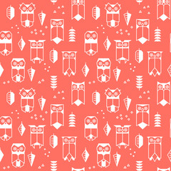 Vector seamless pattern with owls in geometric flat style.