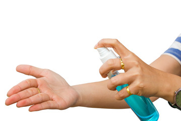 women washing hands with alcohol  or antibacterial soap sanitizer for .prevent the spread of germs and bacteria and avoid infections corona virus or COVID-19.isolated on white background.