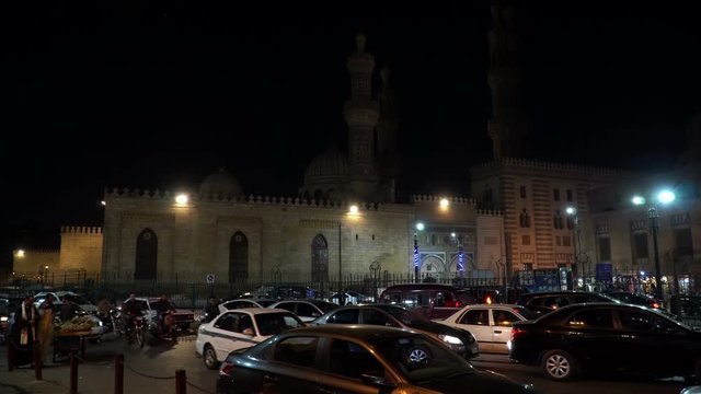Night car traffic in the Al-Azhar street in Islamic Cairo, Egypt