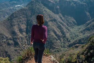 Naklejka premium mujer al borde de un acantilado mirando al horizonte en mirador de Peña al aire en el estado de HIdalgo