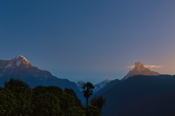 Mount Machhapuchhre or Fishtail in the Himalayas in Nepal. We can see the peak of Machhapuchhre along the way  between the walking path to the Annapurna Base Camp.