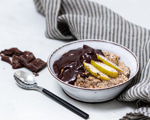 Porrdige Belle-Helène with pear and chocolate