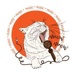 Cute cat holding microphone performs song. Hand drawn sketch. Vector illustration. Music poster, composition for t-shirt.