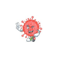 A joyful coronavirus disaster mascot design showing his two fingers