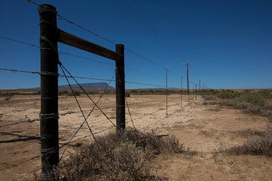 Draught stricken northern cape.  Gifberg near Vanrhynsdorp framed by a barbed wire fence.