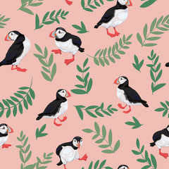 Seamless pattern with Atlantic puffins. Funny Northern birds with green leaves isolated on a pink background in a realistic watercolor style.  For banners, textiles, websites, webpages, packaging, etc