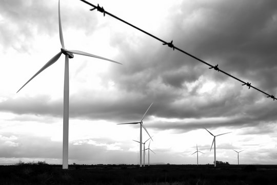 Hopefield wind farm in the Wester Cape South africa.  Wind turbines behind barbed wire.