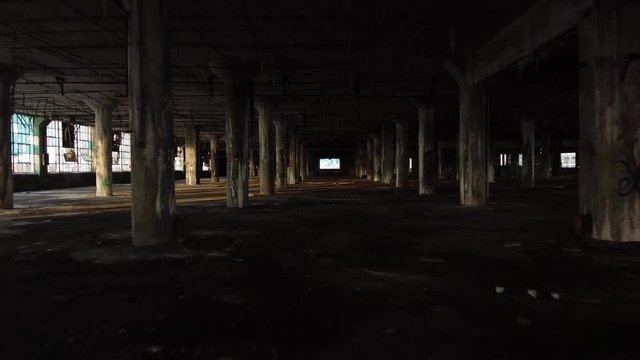 Scary halls in decaying abandoned old Fisher Body Plant automotive factory, Detroit, United States.