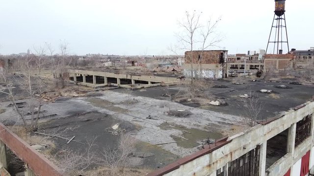 Amazing aerial over the ruined and abandoned Packard automobile factory near Detroit, Michigan.