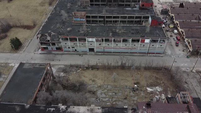 Aerial view the ruined and abandoned Packard automobile factory in Detroit Michigan