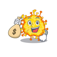 Smiley rich minacovirus cartoon character bring money bags