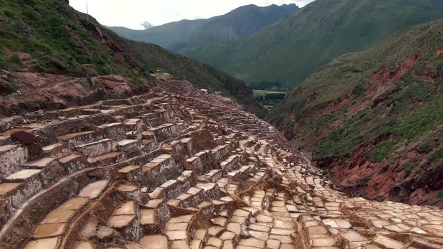 Aerial view of Maras Salt Mines in the Sacred Valley of the Incas, Cusco Region, Peru, South America.