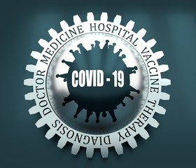 Medical industry, biotechnology and biochemistry. Scientific medical designs. Virus diseases relative theme. Covid 19 text. 3D rendering, Medicine relative words on the gear.