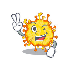 Cheerful minacovirusmascot design in with two fingers