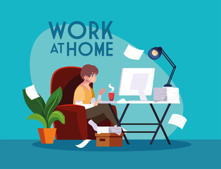 man freelancer working remotely from her home, work at home