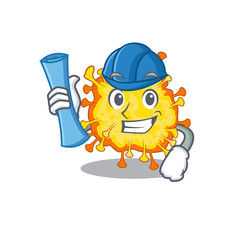 Smiling Architect of minacovirus having blue prints and blue helmet