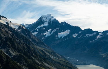 Mountains and lake on Mueller Hut trek in Mount Cook National Park in New Zealand