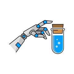 Robotic hand and test tube illustration. Flat style illustration. Isolated on white background. 