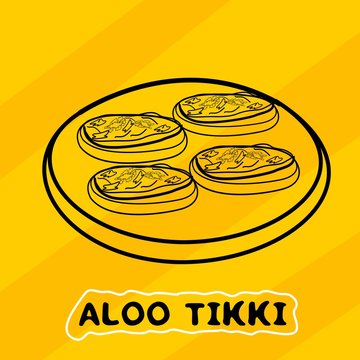 Indian Chaat Aloo Tikki Line Drawing Vector