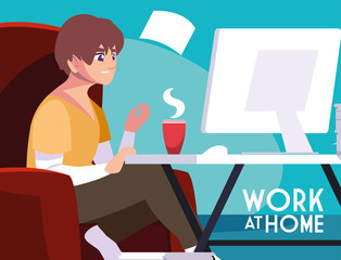 man freelancer working remotely from her home, work at home