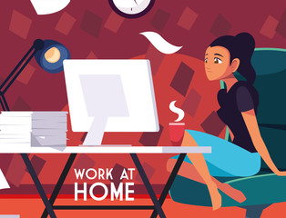 woman freelancer working remotely from her home, work at home