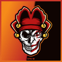 Clown Skull esport and sport mascot logo design with modern illustration concept for team, badge, emblem and thirst printing. Skull Clown illustration on dark Red Background. Vector illustration