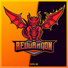 Red Western esport and sport mascot logo design in modern illustration concept for team badge, emblem and thirst printing. Red Western dragon illustration on Red Gold Background. Vector illustration