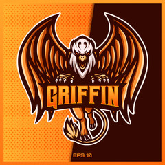 Griffin Eagle esport and sport mascot logo design in modern illustration concept for team badge, emblem and thirst printing. Griffin Eagle illustration on Yellow Gold Background. Vector illustration